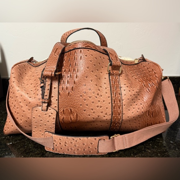 Ostrich Embossed Leather Duffel Bag Brown - Picture 1 of 14